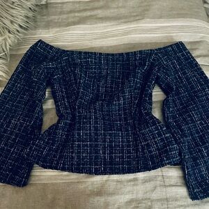 Zara Off-Shoulder Tweed Top Navy and White